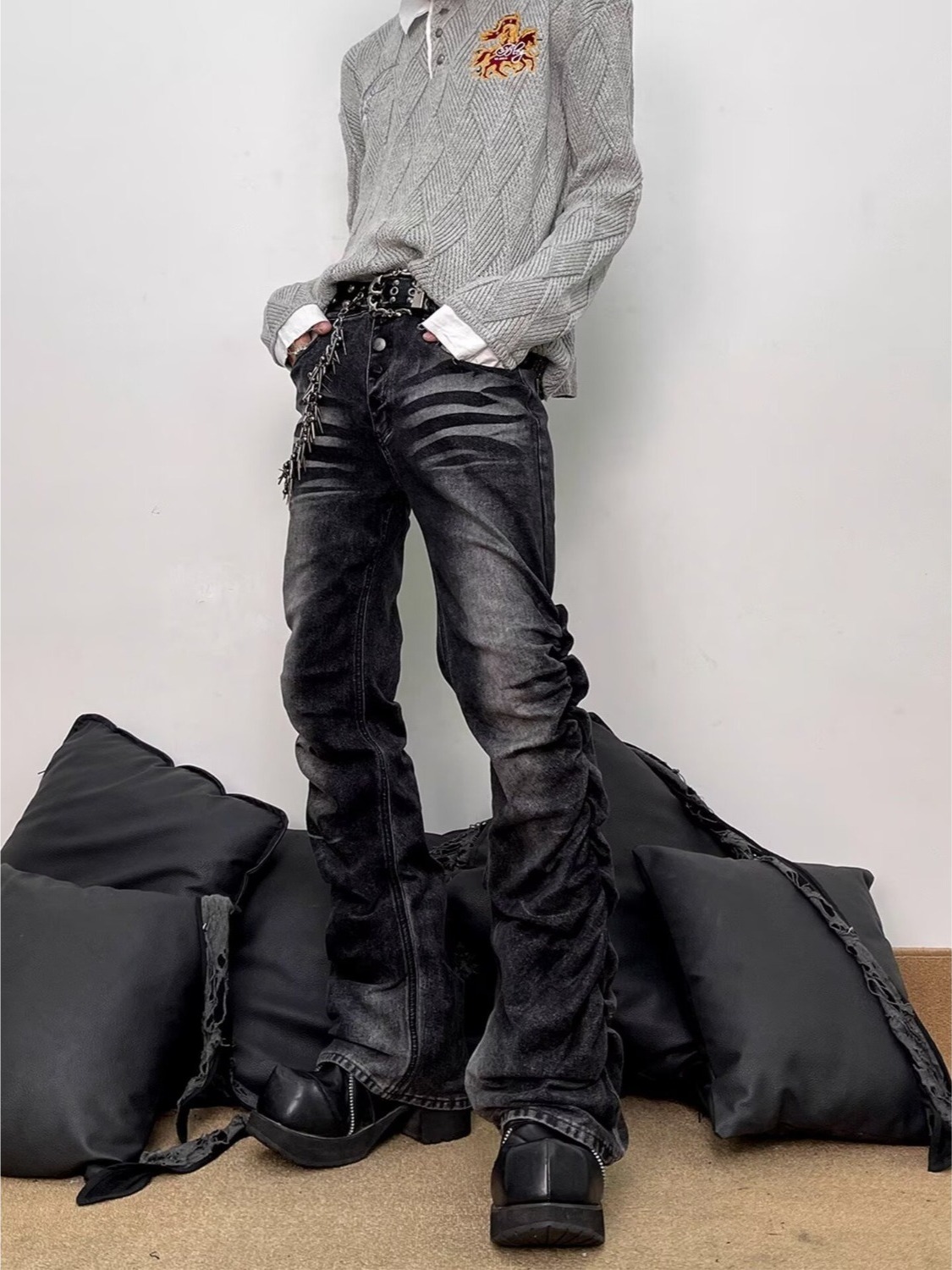 워싱 블랙 그레이 남성 슬림 스트레이트 레트로 플레어  - Streetwear Brand Denim 리뷰 및 가격