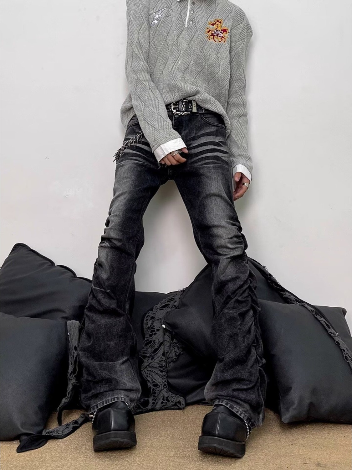 워싱 블랙 그레이 남성 슬림 스트레이트 레트로 플레어  - Streetwear Brand Denim 리뷰 및 가격